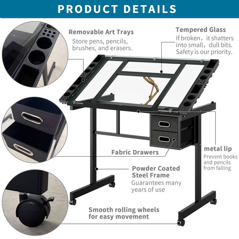 Adjustable Art Drawing Desk Craft Station Drafting with 2 fabric Drawers and 4 Wheels (white)