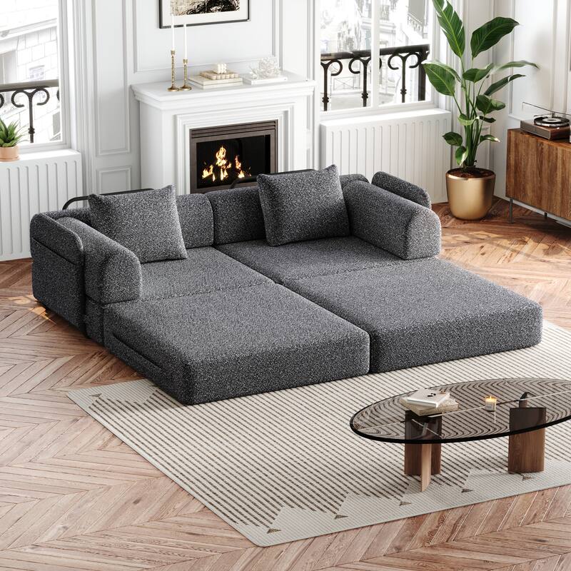 Set of 2 Loveseat Couch Chenille Modular Splicing Sectional Sofa Convertible Sleeper Sofa Bed with Side Pockets and Pillows