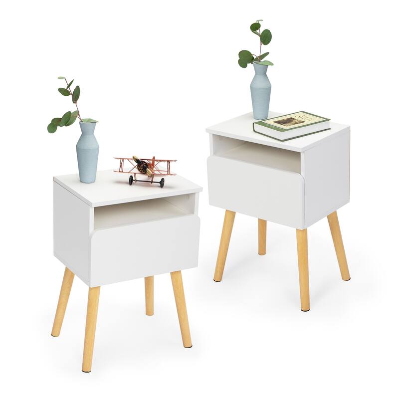 2-piece Nightstand bedside table with drawers, shelves - White - 1-drawer
