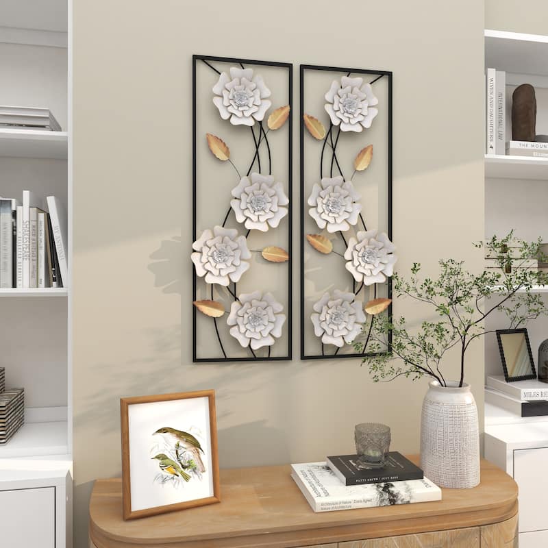 Metal Floral Dimensional Floating Home Wall Decor with Black and Gold Accents - Set of 2 White - Roche River Decor