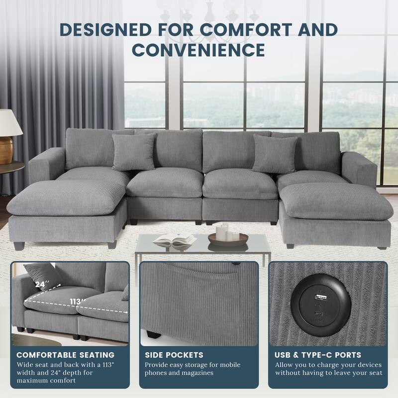 Hamilton 6-Piece Corduroy Upholstered Modular Sectional with USB Port
