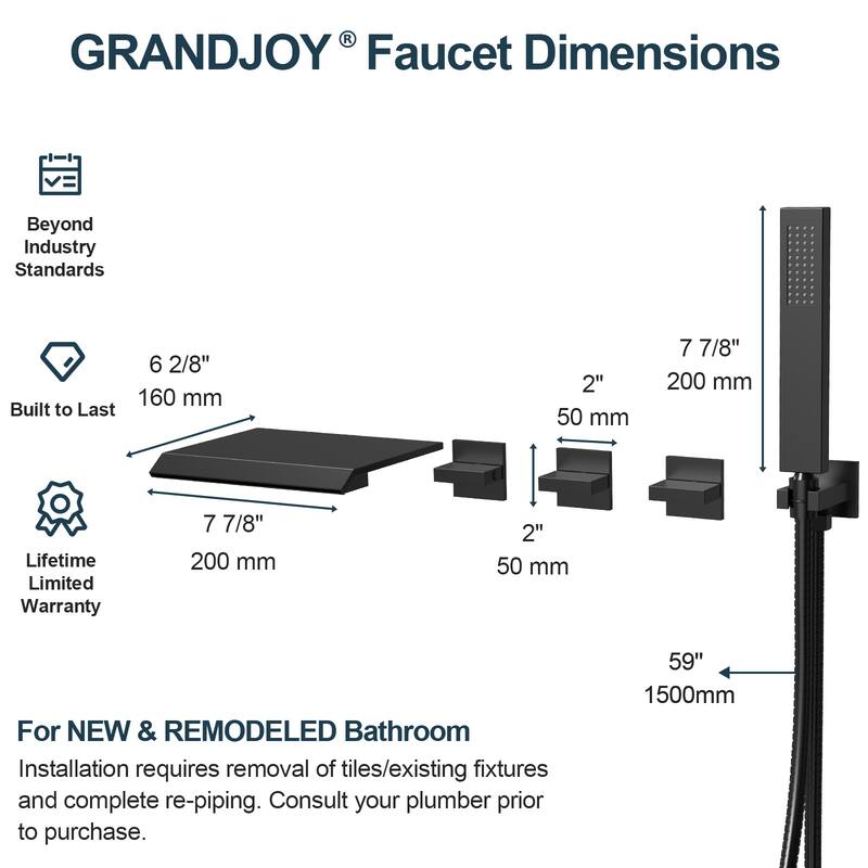 GRANDJOY Wall Mounted 3-Handle Tub Shower Faucet with Handheld Shower and Waterfall Tub Spout