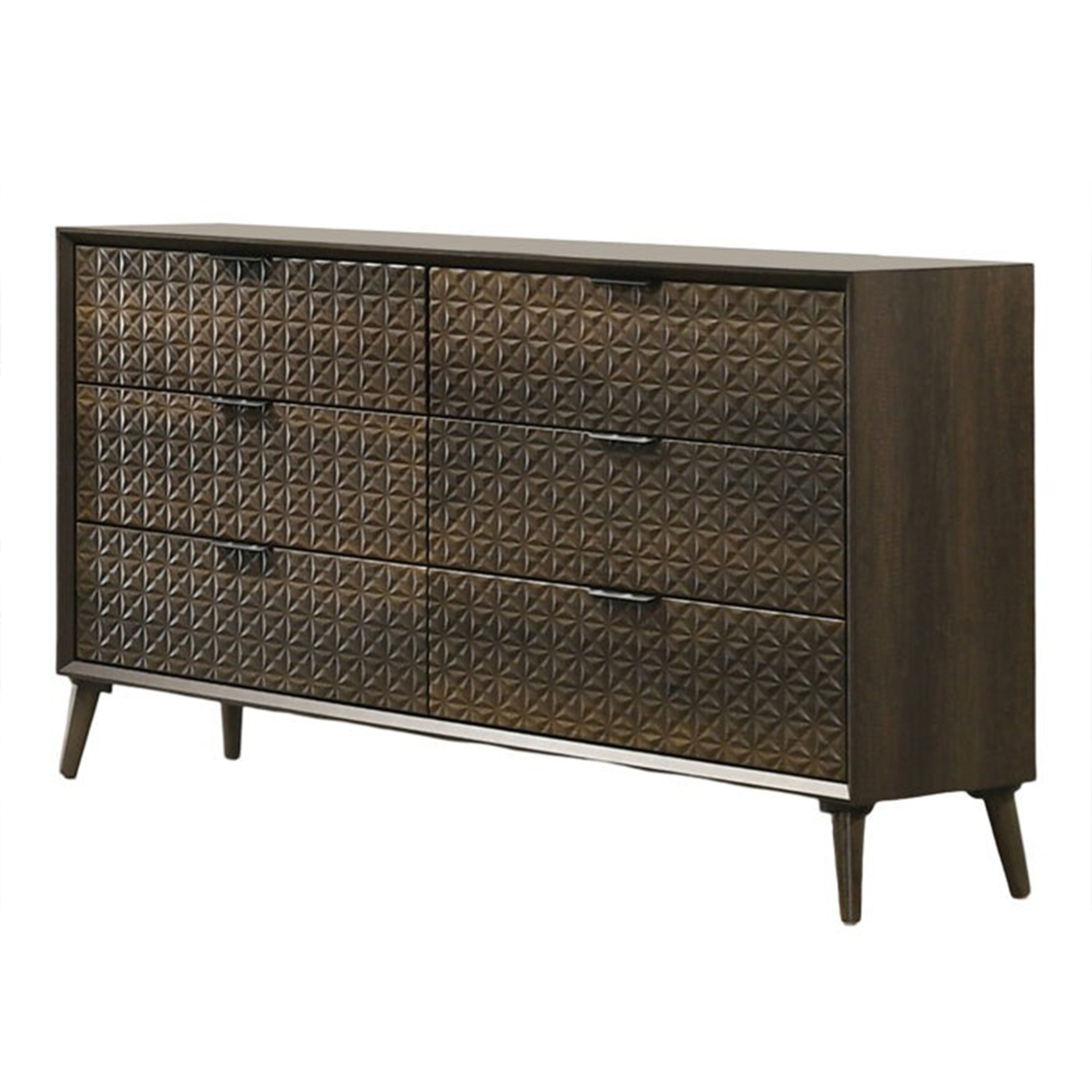 Fel Wide Dresser, 6 Drawers, Dark Brown Wood, Black