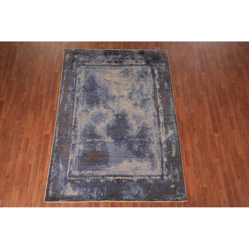 Abstract Modern Area Rug Handmade Blue Wool Carpet - 5'4" x 7'6"