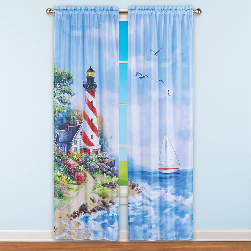 Lighthouse Scene Coastal 2-Piece Curtain Panel Set - 35" WIDE - Blue - 35" WIDE - 84 Inches