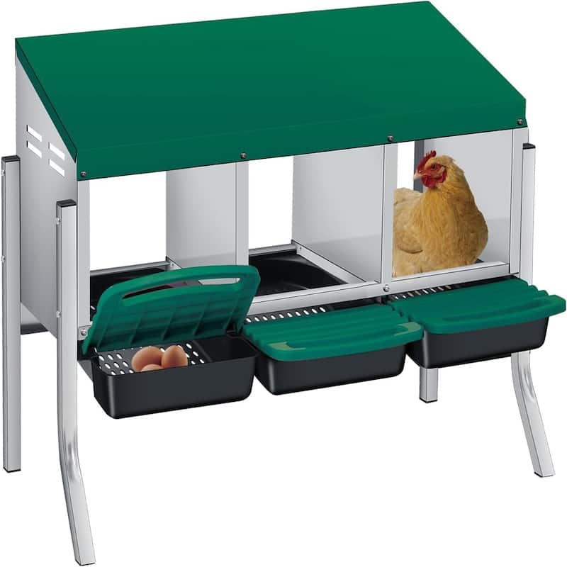Roll-Away Nesting Boxes for Chickens Coop with Perch - 3 Hole Green With  Legs