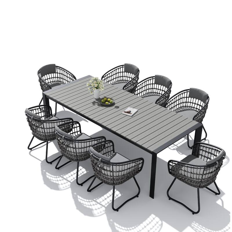 9-Piece Outdoor Patio Dining Set Wood Like Table Top Aluminum Rectangular Umbrella Hole Table with PE Rattan Chairs