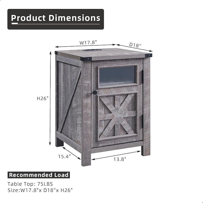 Farmhouse Nightstand with Charging Station, End Table with Barn Door