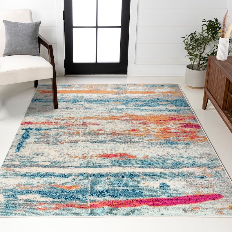 JONATHAN Y Groovy POP Modern Abstract Brushstroke Area Rug - 4 X 6 - Cream/Blue