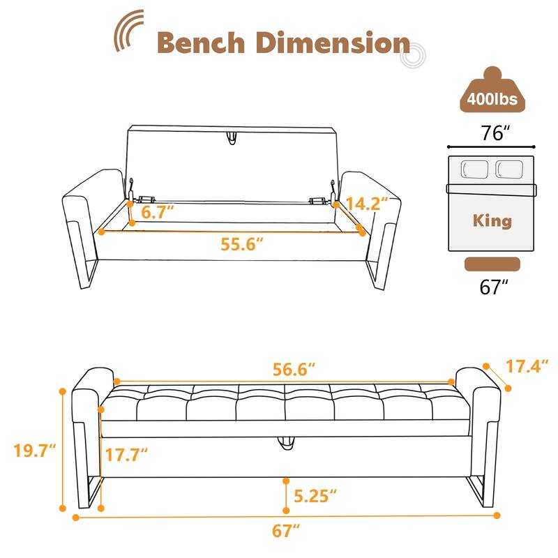 66" Storage Bench for Bedroom End of Bed with Single Lids and Gold Legs