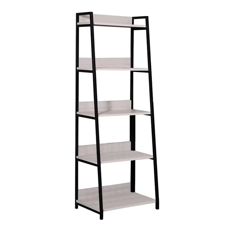 HomeRoots 67" Natural and Black Metal Five Tier Ladder Bookcase