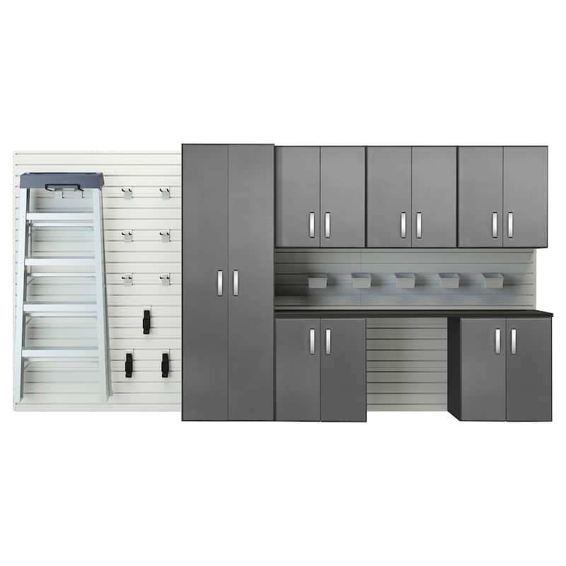 Flow Wall 24 Piece PVC Indoor Deluxe Cabinet Storage Set - White Slatwall / Graphite Carbon Cabinets