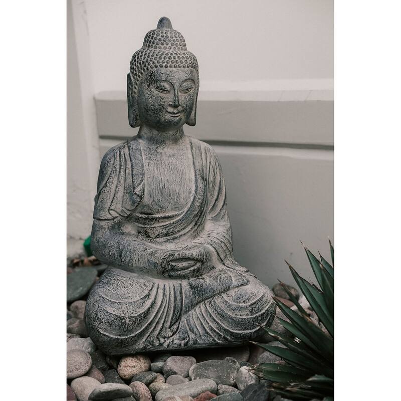 XBrand Indoor Outdoor Polyresin Meditating Sitting Buddha Zen Statue, 23.6 Inch Tall, Grey