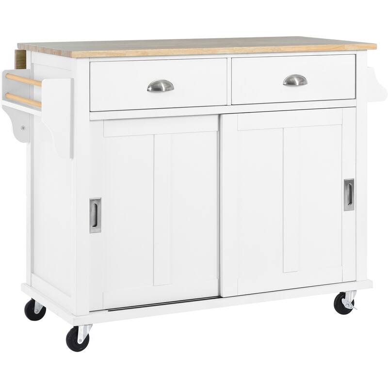 Kitchen Cart,Kitchen Island with Wood Drop-Leaf Countertop,Sliding Barn Door Adjustable Height, Wheels,Cabinet and 2 Drawers