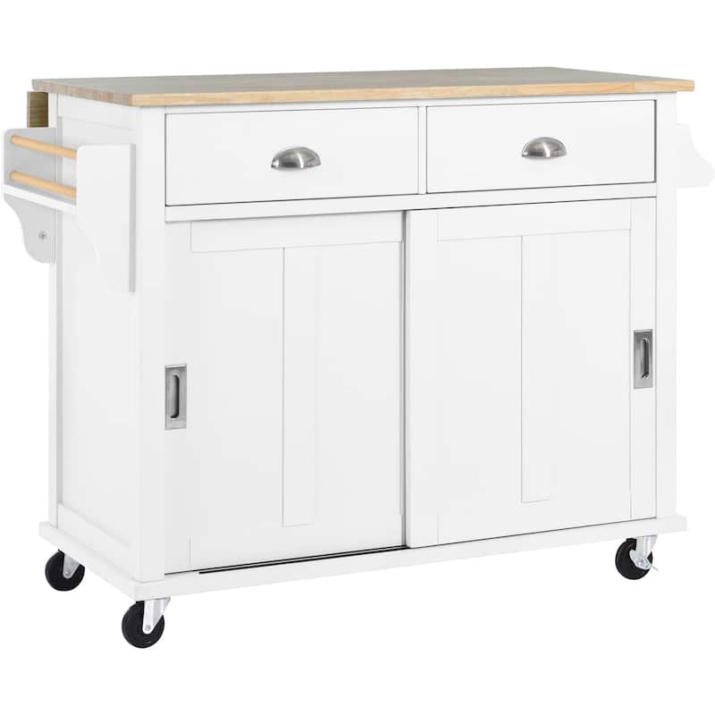 Kitchen Cart with Rubber wood Drop-Leaf Countertop - White
