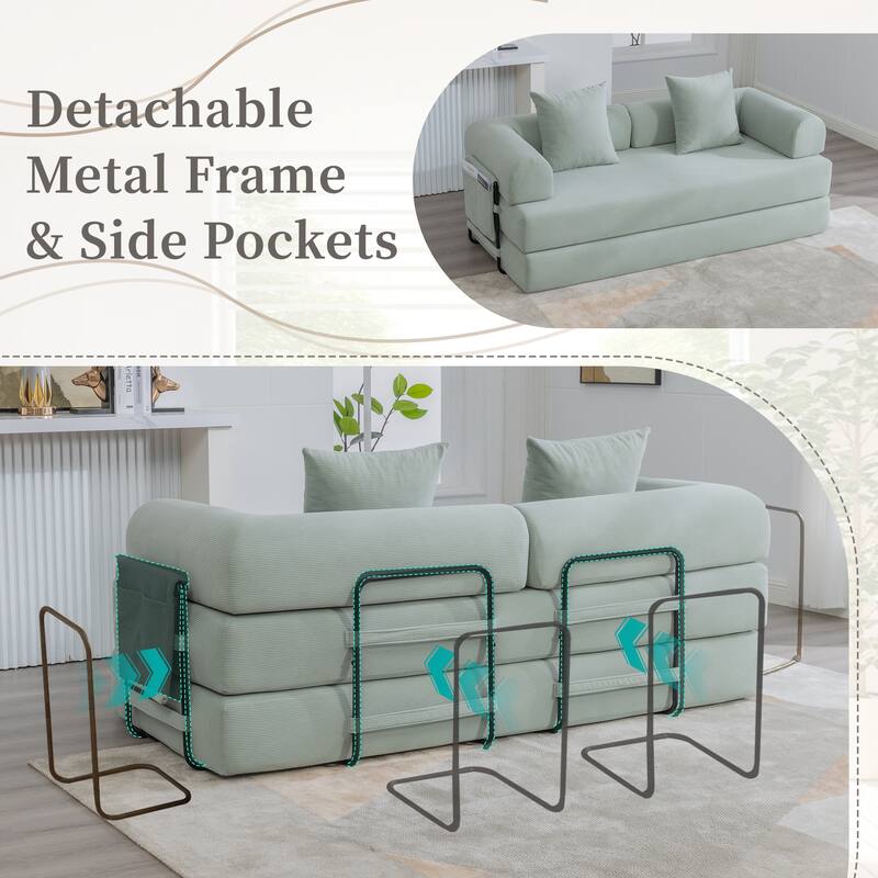 Foldable Modular Couch Sleeper Loveseat Sofa Bed with Storage Side Pocket, Detachable Metal Frame and Corduroy Fabric Cover