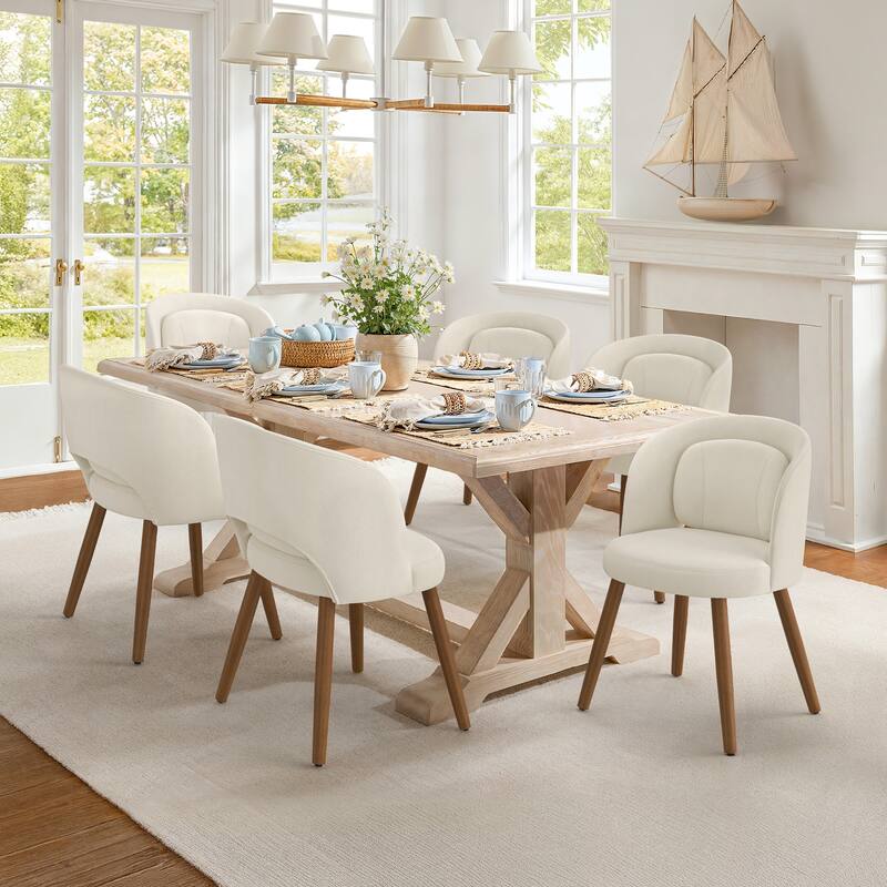 Linen Dining Chairs Set of 2/4/6 with Solid Wood Legs, Modern Kitchen Chairs with Lumbar Pillow for Dining Room Beige - Off White - Set of 6