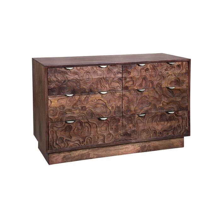 HomeRoots 57" Brown Carved Abstract Solid Wood Six Drawer Dresser