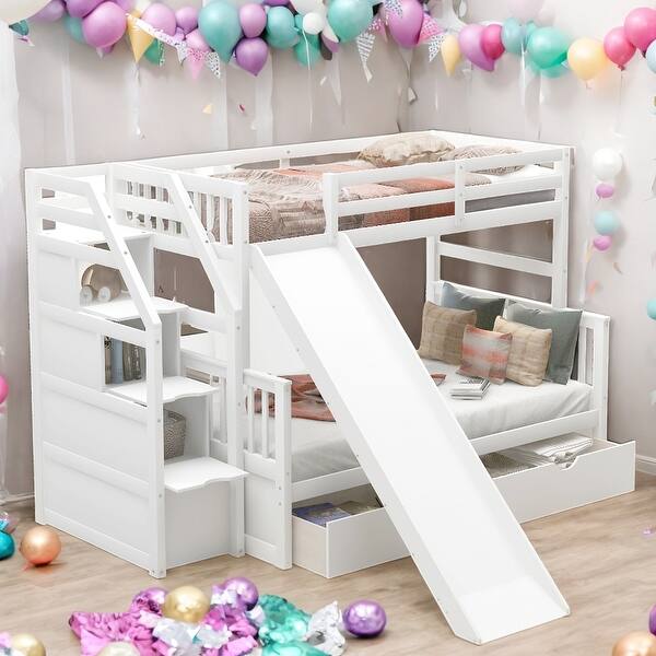 slide 2 of 13, Twin over Full Bunk Bed with Drawers,Storage and Slide,High Guardrail, Ladder With Handrails,Multifunction,Space Saving,White White