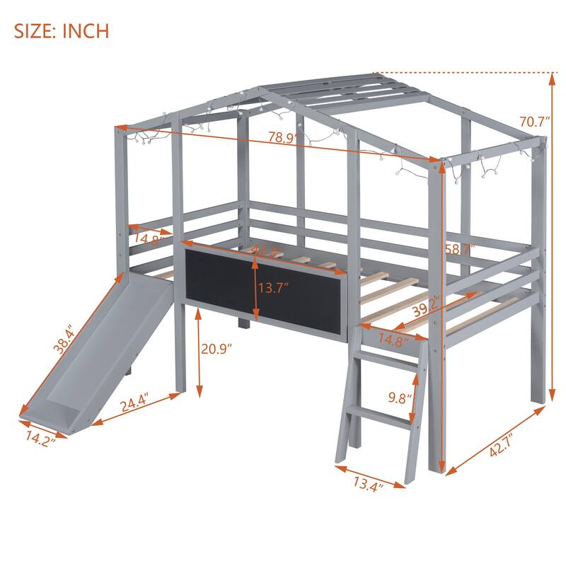 Twin Size Loft Bed House Bed with Slide, Light Strip and Blackboard