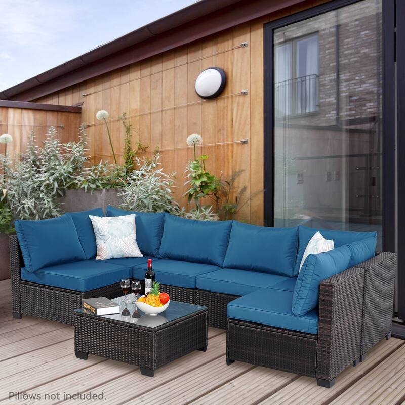7-Piece Wicker Outdoor Sectional Set with Cushions and Coffee Table