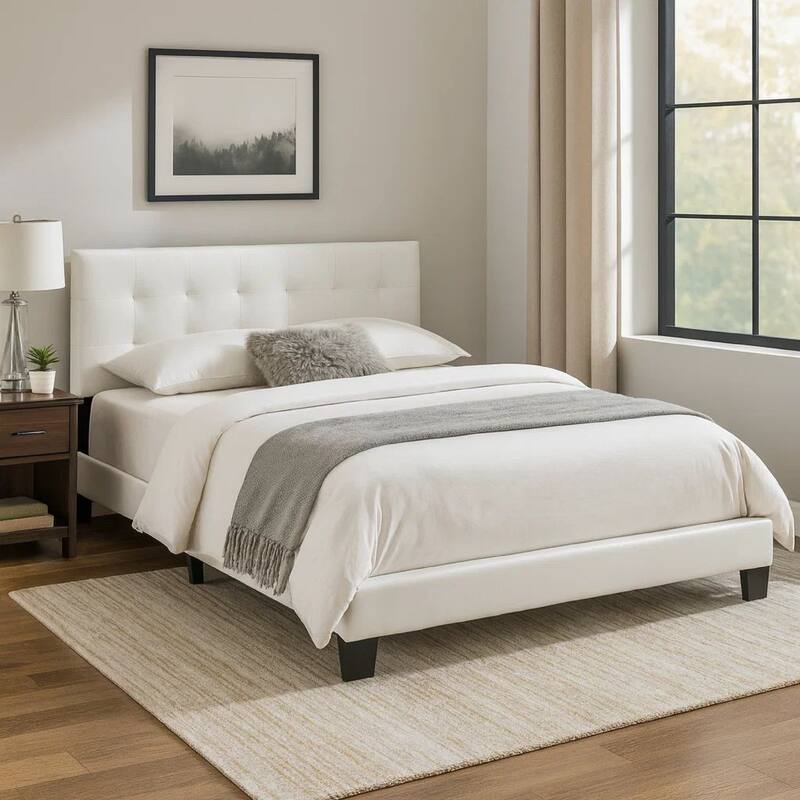 Full Leatherette Bed with Checkered Tufted Headboard, White