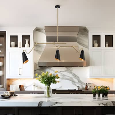 Wylan Modern 3-Light 49.5"L Black Gold Linear Chandelier Metal Industrial Island Lights for Dining Room - 49.5" L x 20" H