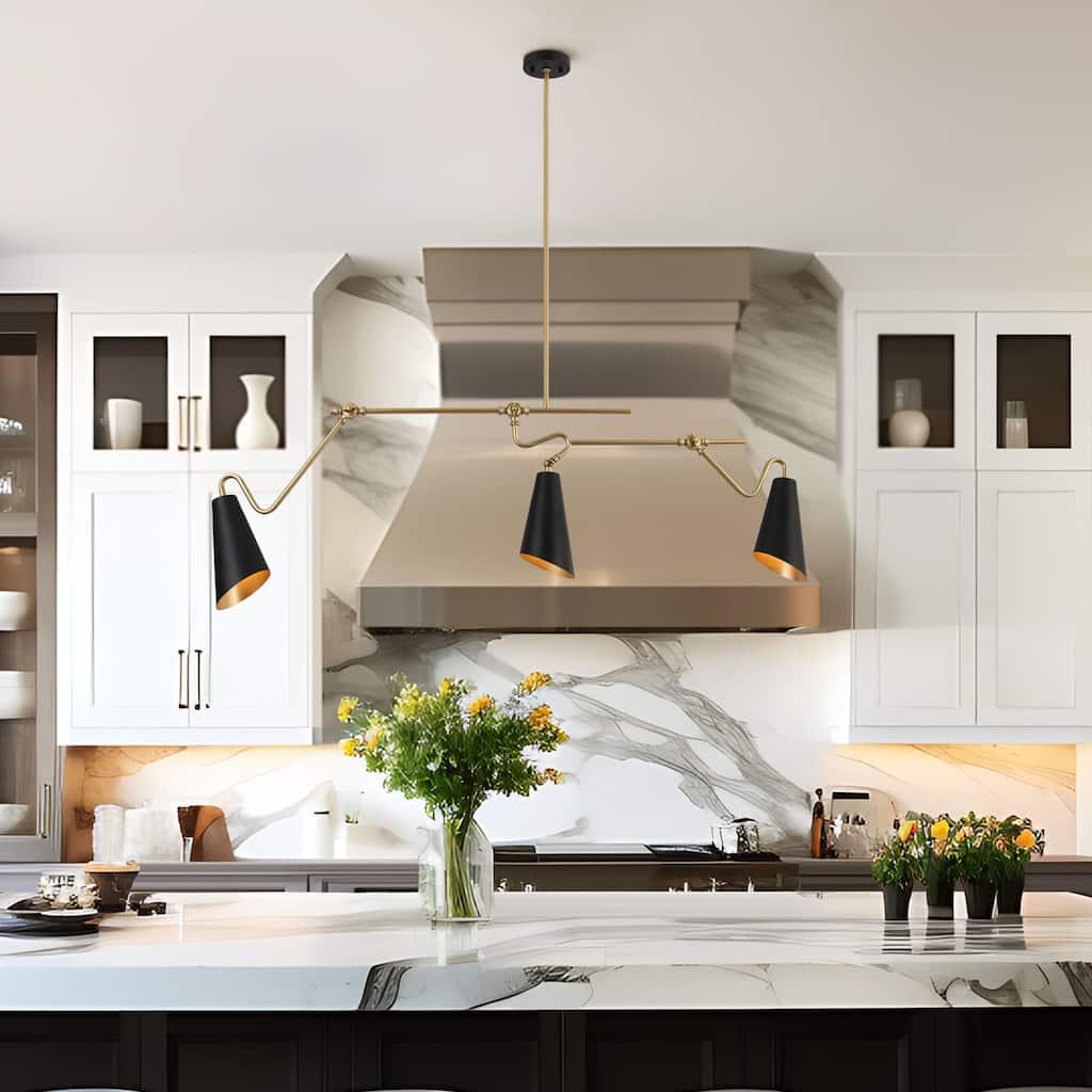 Wylan Modern 3-Light 49.5"L Black Gold Linear Chandelier Metal Industrial Island Lights for Dining Room - 49.5" L x 20" H