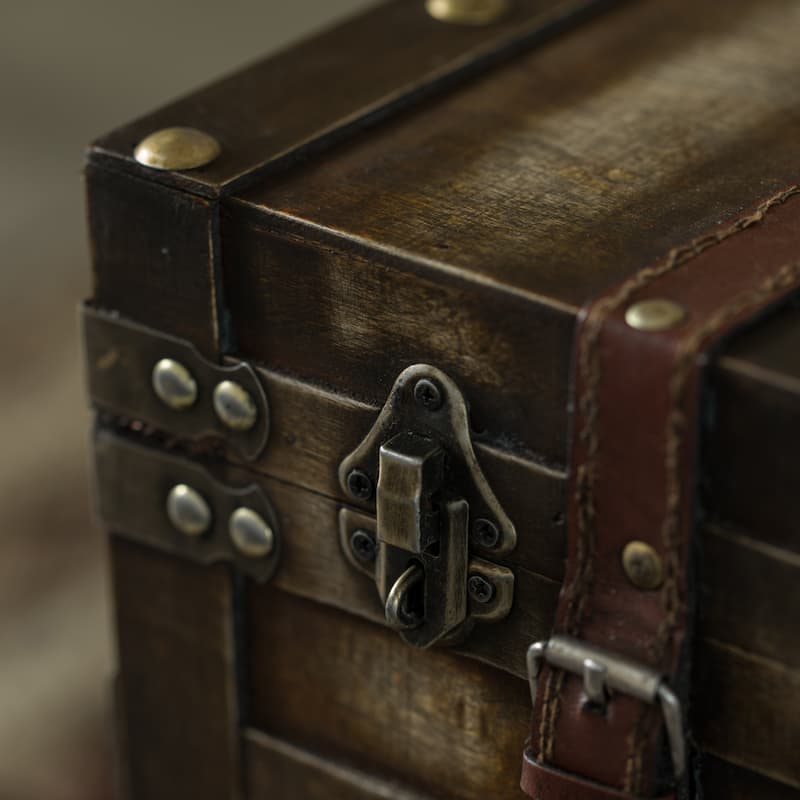 Wooden Brown Storage Trunk with Faux Leather Straps and Handles