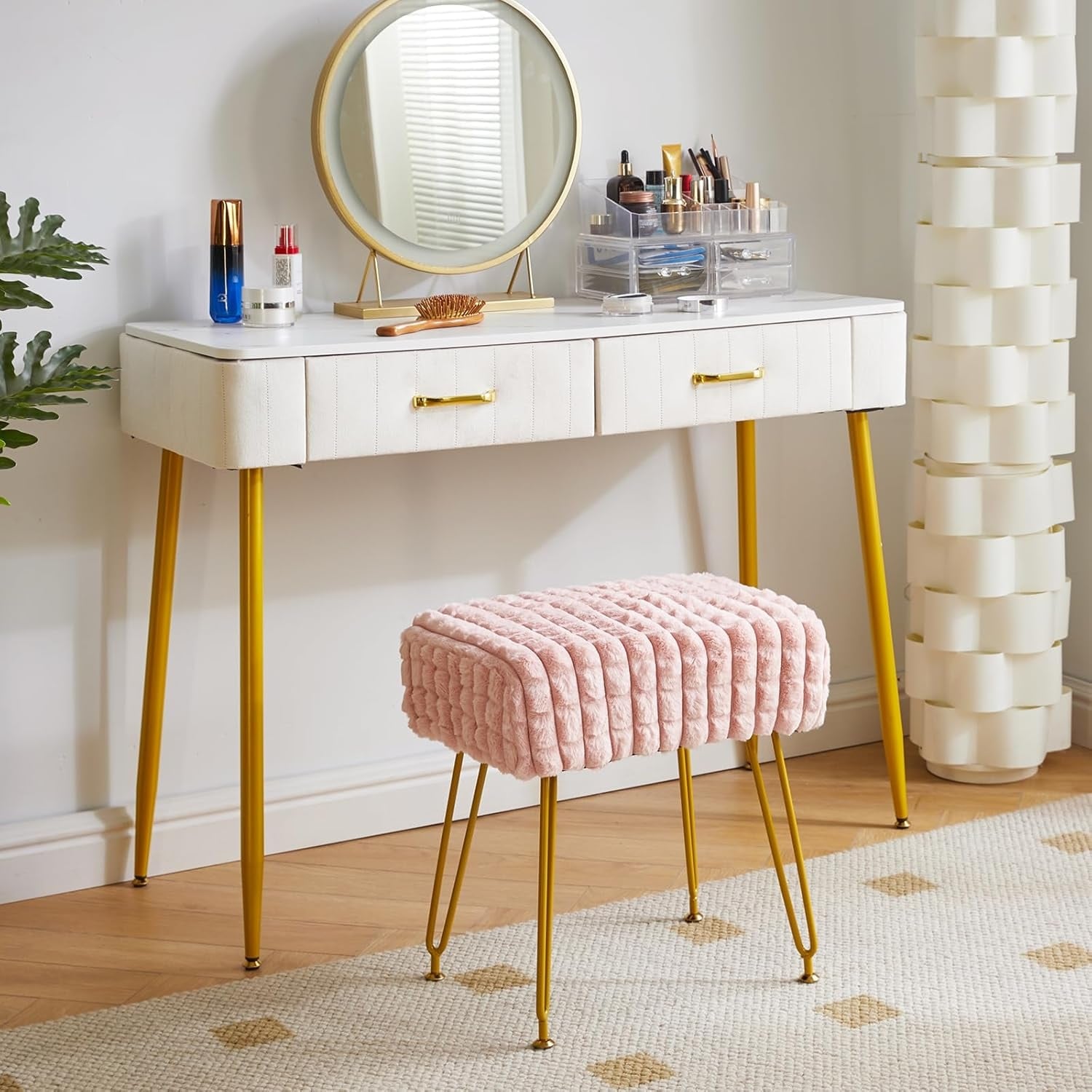 dressing table stool gold legs Rectangular Footrest Stool, Velvet Seat, Golden Legs, Pink, Square Grid Pattern - Pink - Bed Bath & Beyond Ecom Style:AP1E211716