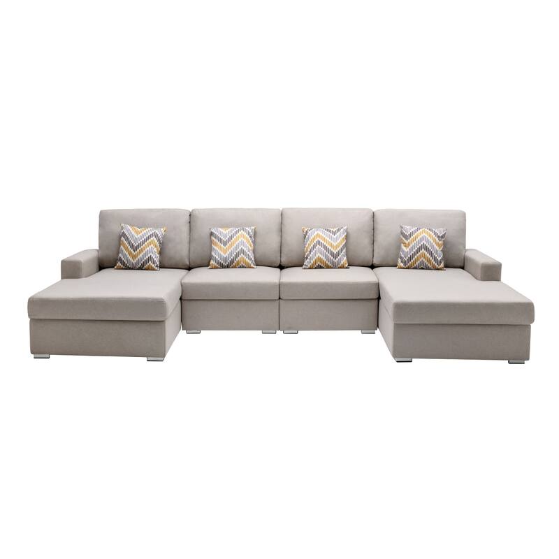 Linen Fabric 4 Piece Double Chaise Sectional Sofa with 4 Pillows and Interchangeable Legs - Beige