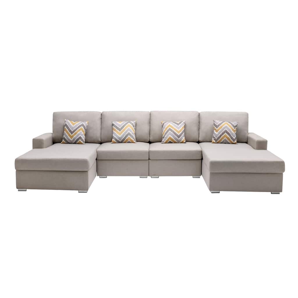 Linen Fabric 4 Piece Double Chaise Sectional Sofa with 4 Pillows and Interchangeable Legs