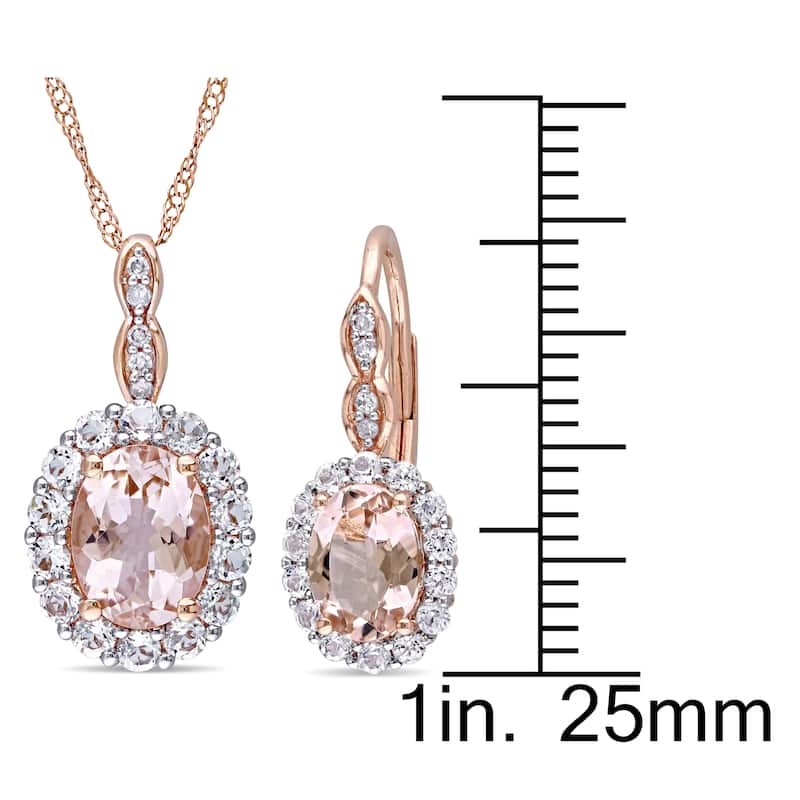 Miadora 14k Rose Gold Oval-cut Morganite, White Topaz & 5/8ct TDW Diamond Halo Drop Jewelry Set