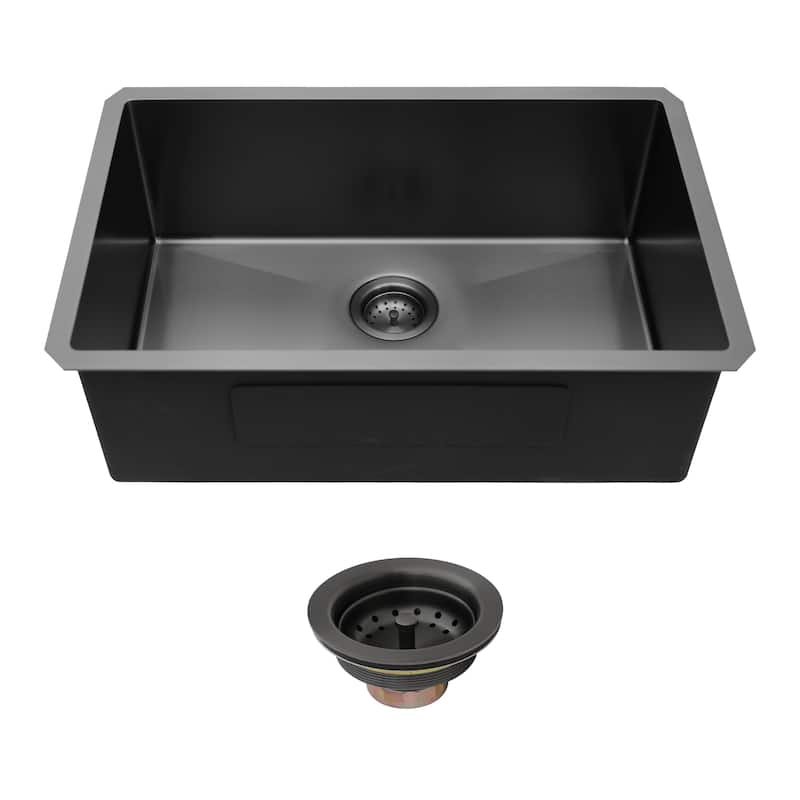 30"x18"x9" Gunmetal Black Undermount Kitchen Sink 16 Gauge Single Bowl with Drain Assembly - Gunmetal Black