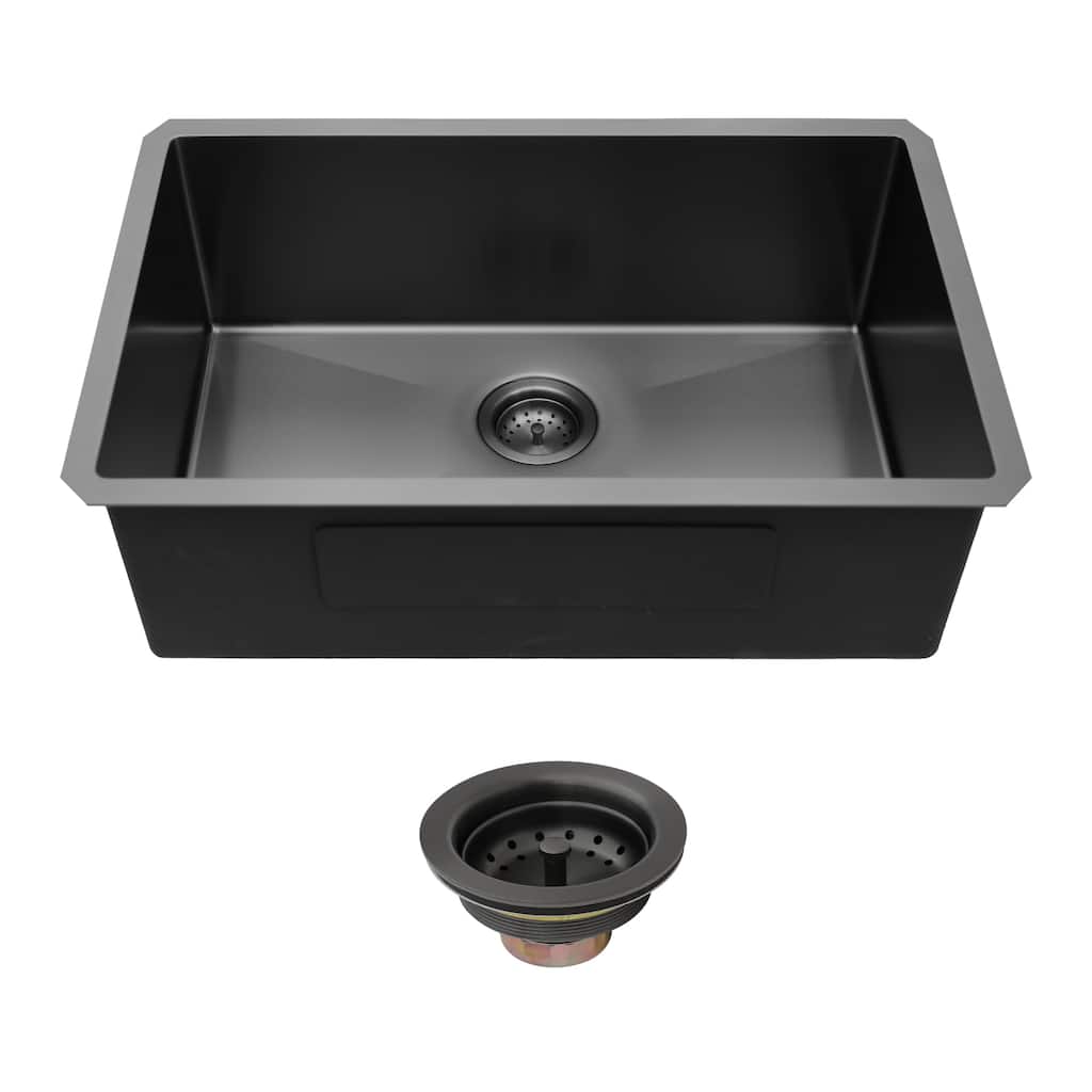 30"x18"x9" Gunmetal Black Undermount Kitchen Sink 16 Gauge Single Bowl with Drain Assembly