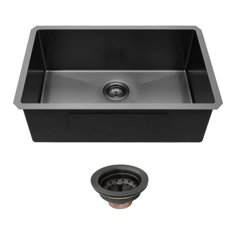 33"x19"x9" Gunmetal Black Undermount Kitchen Sink 16 Gauge Single Bowl with Drain Assembly - Gunmetal Black