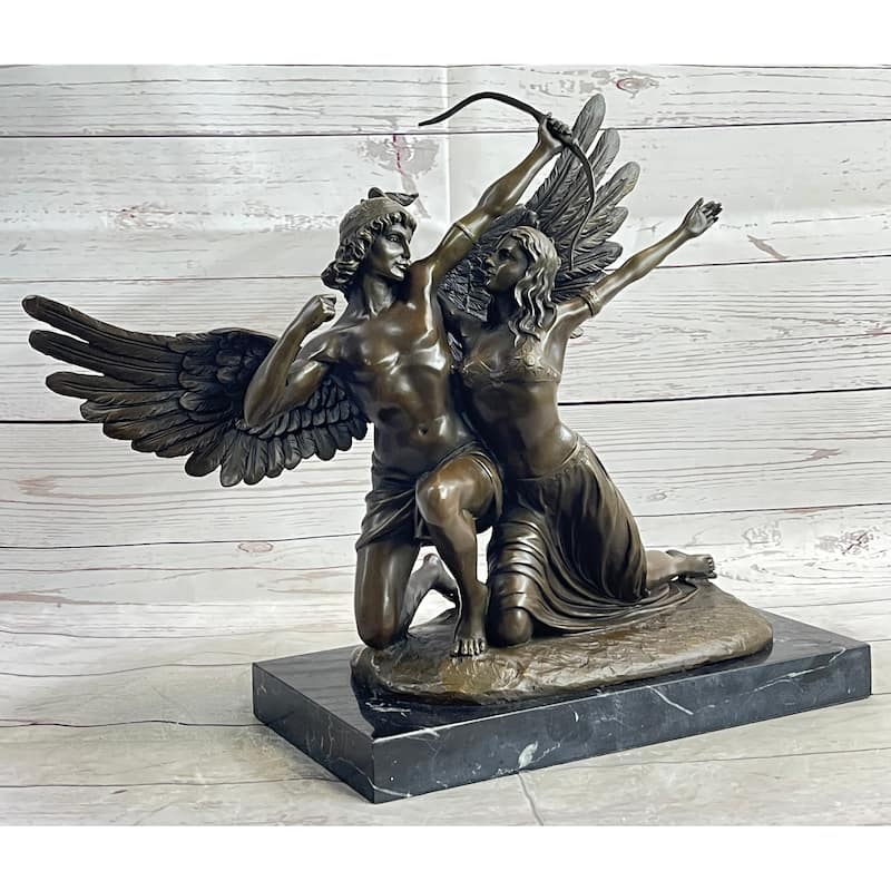 Romantic Bronze Sculpture Of Winged Lovers On Marble Base Zephyrus Psyche Mythical