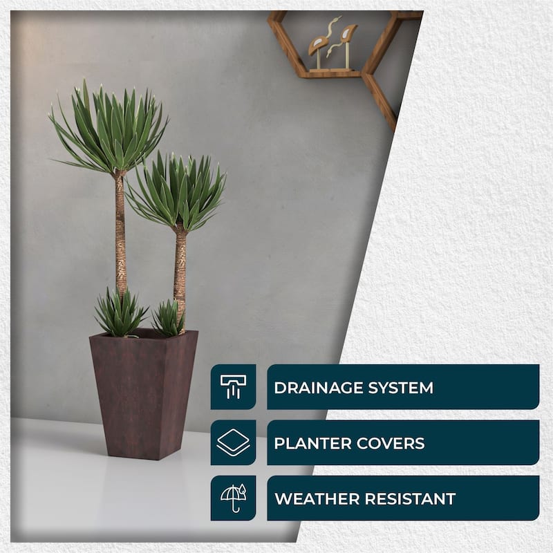 Serene Modern Square Tapered Fiberstone MGO Planter with Drainage Holes, Cover & Weather-Resistant Indoor Outdoor Plant Pot