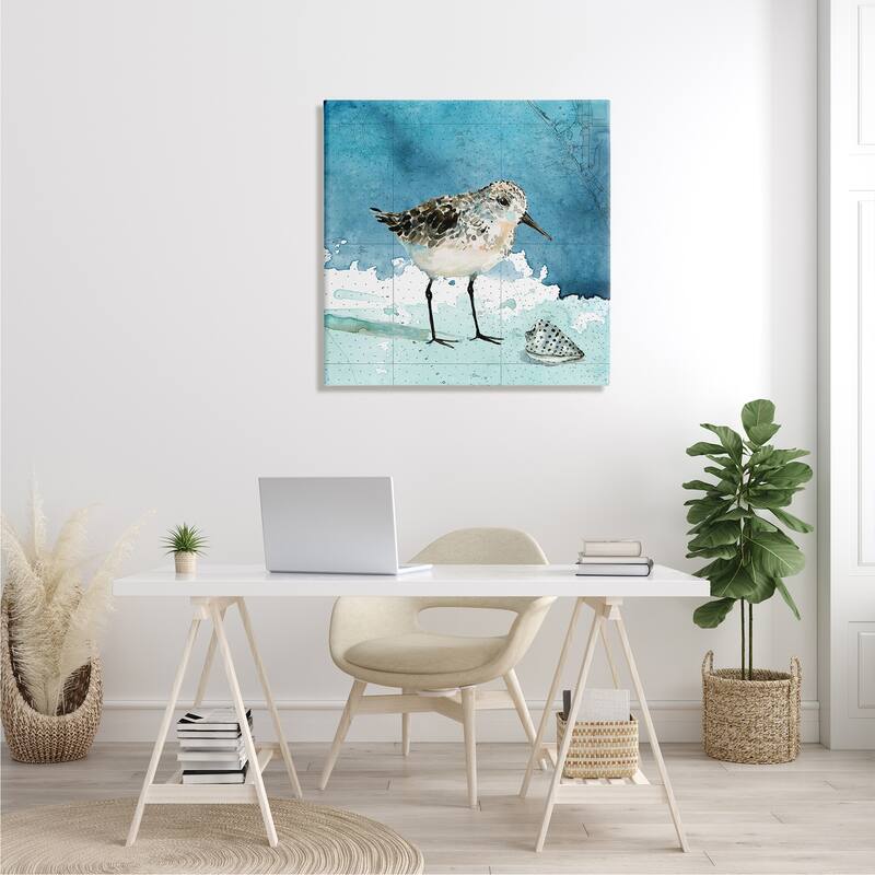 Stupell Sandpiper Bird and Shell Nautical Ocean Map Canvas Wall Art - Blue