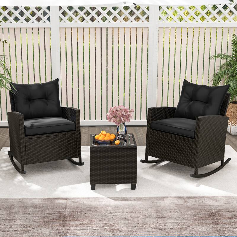 3-Pieces Patio Rattan Roker Chairs with Tufted Soft Cushions and Square Tempered Glass Table - 31.5" x 26" x 31.5"