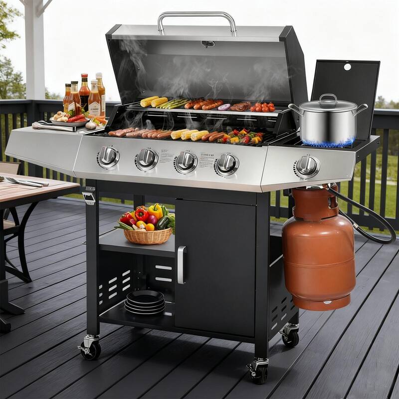 4-Burner Propane Gas Grill with Side Burner and Cabinet Storage, 474 Sq. In. Stainless Steel Outdoor BBQ Grill - N/A