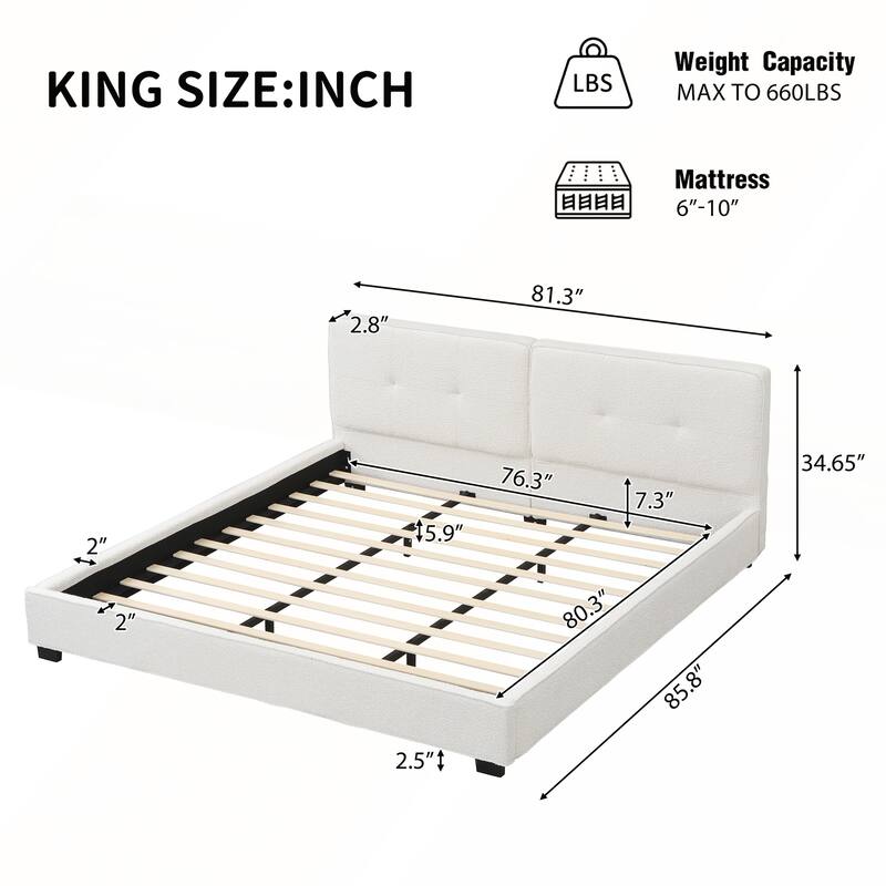 King Size Upholstered Platform Bed with Curved Tufted Headboard