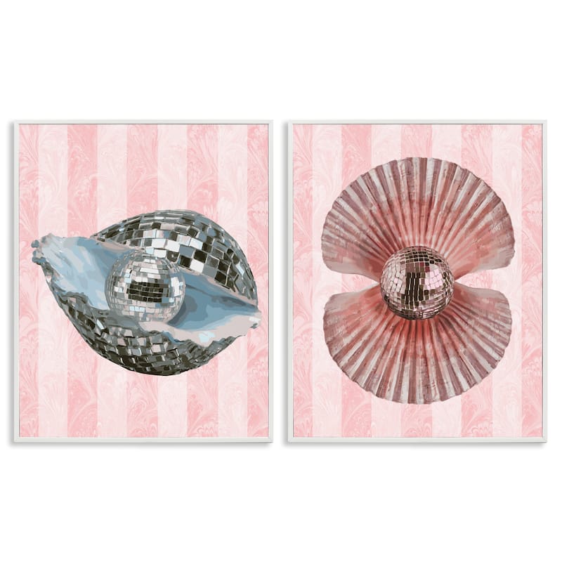 Stupell Pastel Disco Ball Sea Life Framed Giclee Art Design By Lil' Rue (Set of 2) - 11 x 14 - White