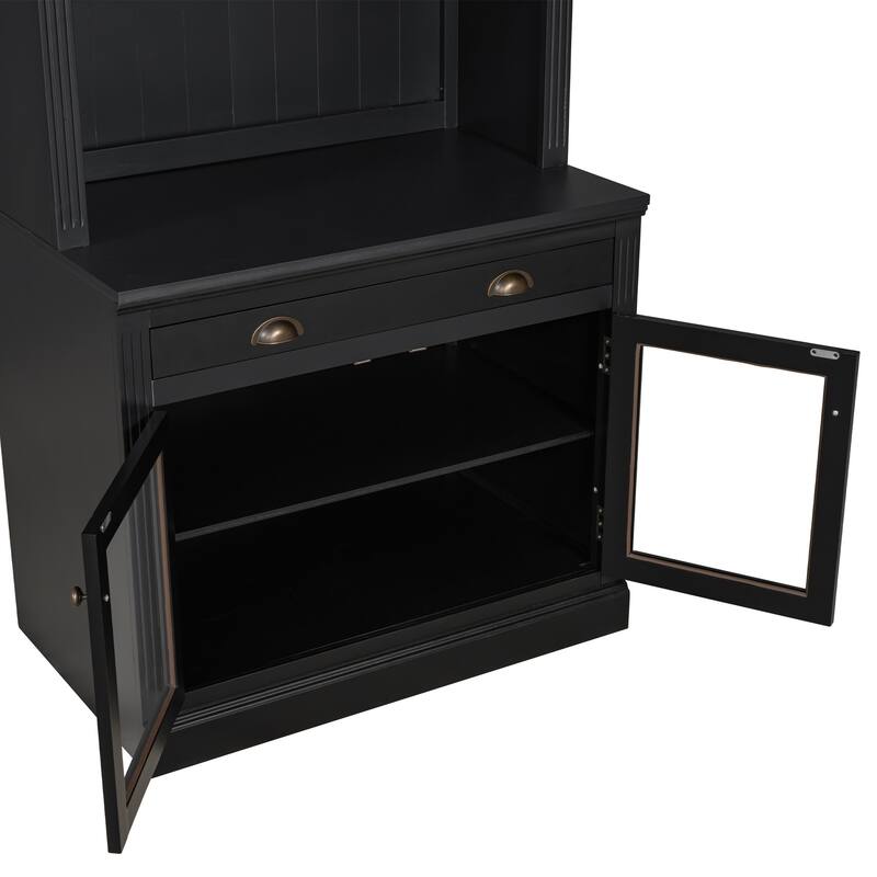 83.4" Large Bookshelf Suite with LED Lighting, 2-Piece Wood Storage Bookcase Set with Glass Doors, Drawers & Open Shelves