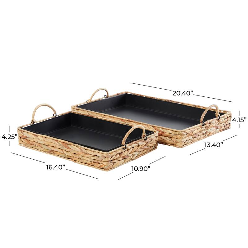 Light Brown Seagrass Handmade Nesting Living Room Decor Tray with Black Wood Interiors (Set of 2) - 20", 16"W