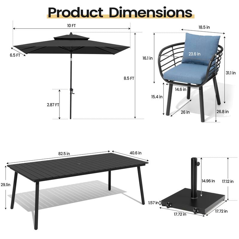 11PC Outdoor Patio Dining Set Aluminum Table with Sunbrella Cushion Chairs w/ Premium Market Umbrella Sets