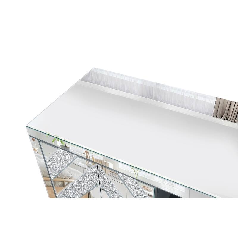 Roomfitters 59" Mirrored TV Stand for TVs up to 65", Silver Media Console with M-Shape Sparkle Doors & Open Storage