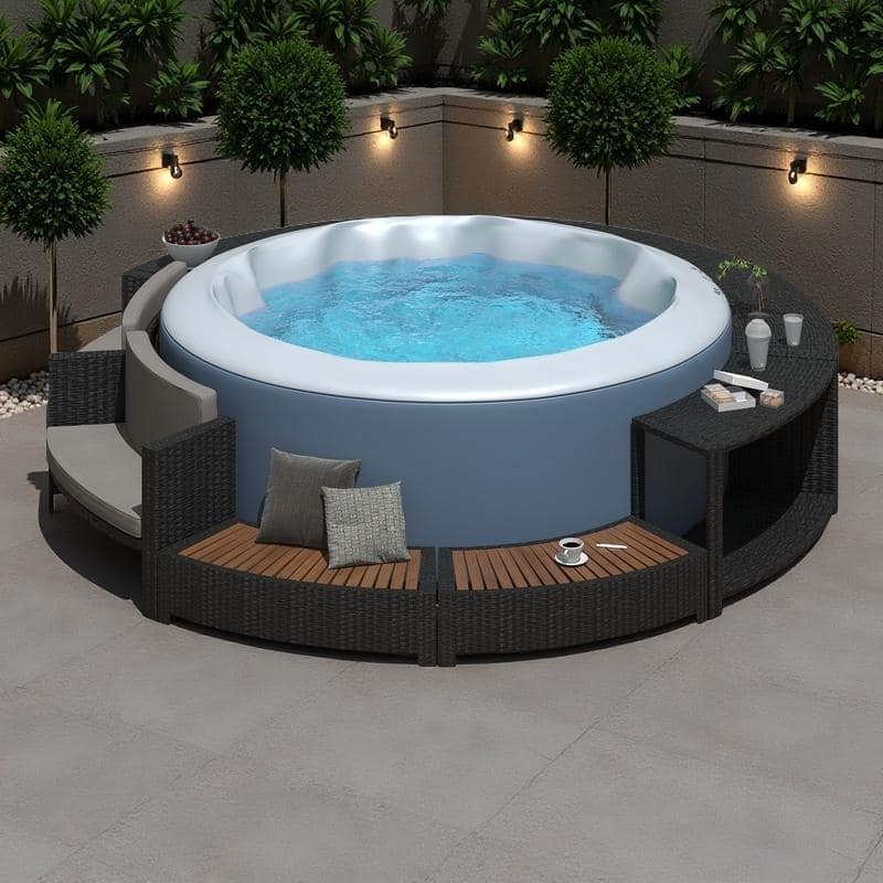 Outdoor Patio Rattan Spa Surround Frame Sofa Set with Storage Spaces, Bench and Cushions