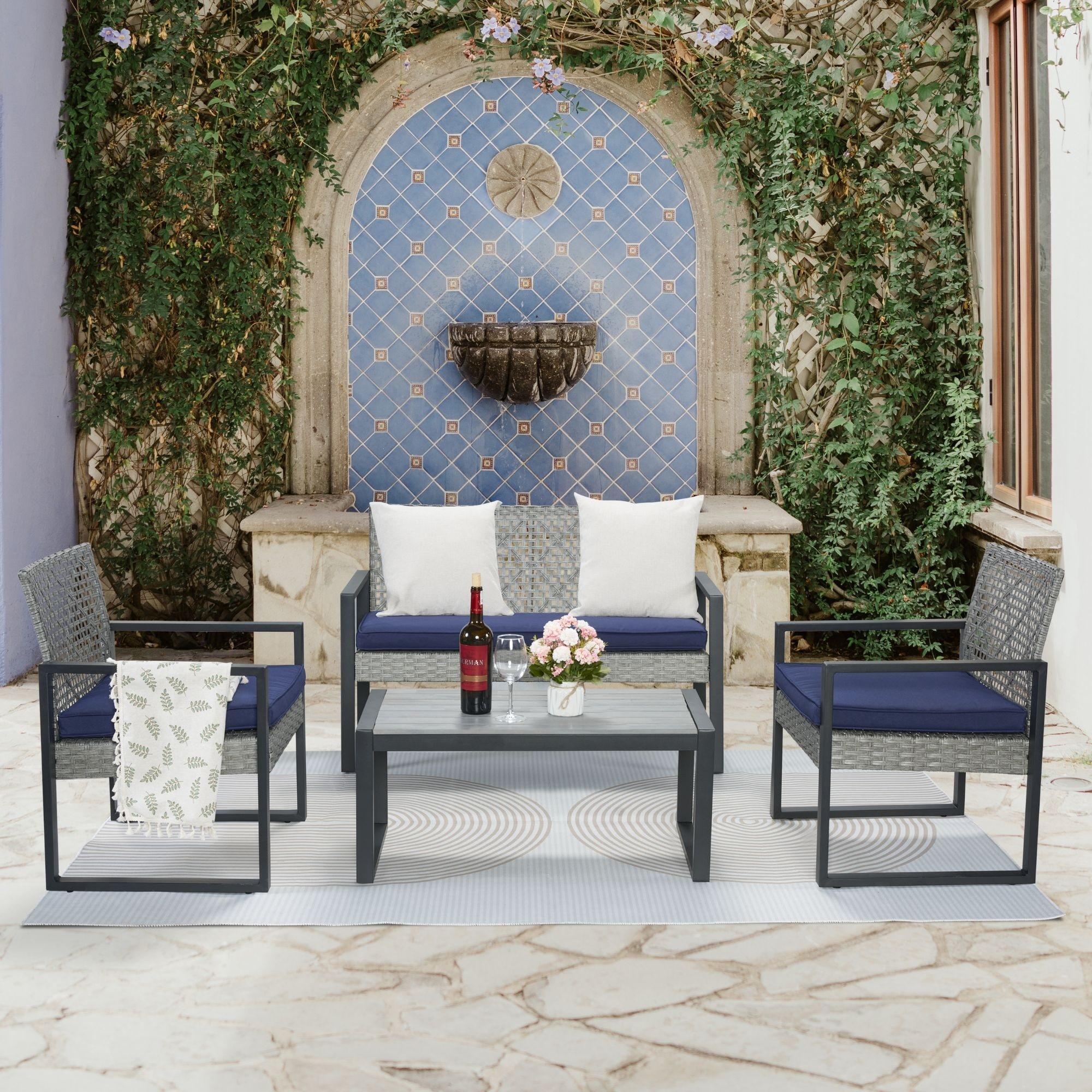 Light Gray Patio Conversation Sets with Loveseat & 2 Club Chairs, Outdoor Chat Set with Coffee Table
