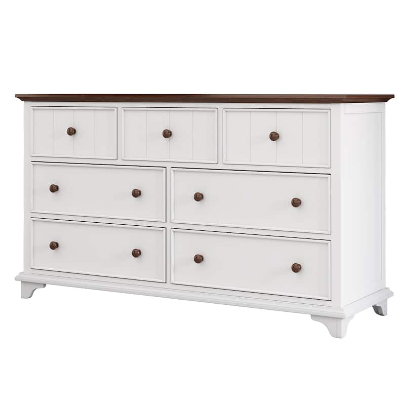 7-Drawer Wood Horizontal Dresser in White and Walnut